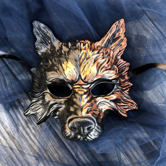 Wolf Animal Masquerade Mask Black Gold Copper Men - Picture 1 of 1